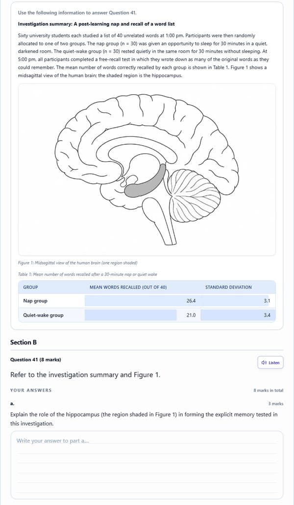 Psychology practice exam on the student screen